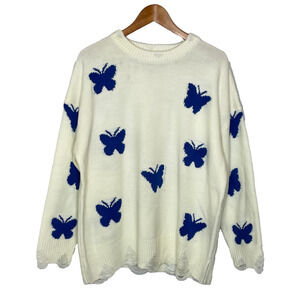 Men's Medium Aelferic Eden White Distressed Butterfly Patterned Crewneck Sweater